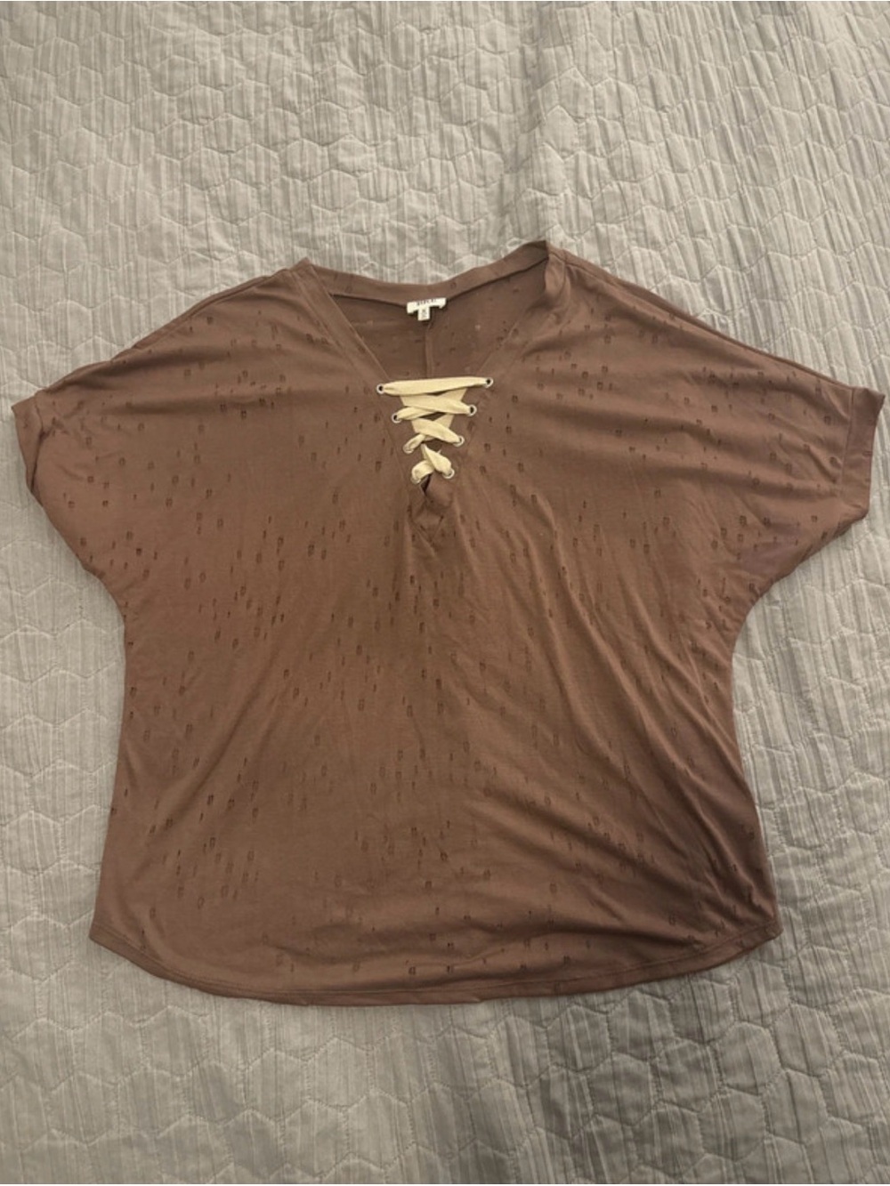 BKE Brown Lace-Up V-Neck Short Sleeve Tee